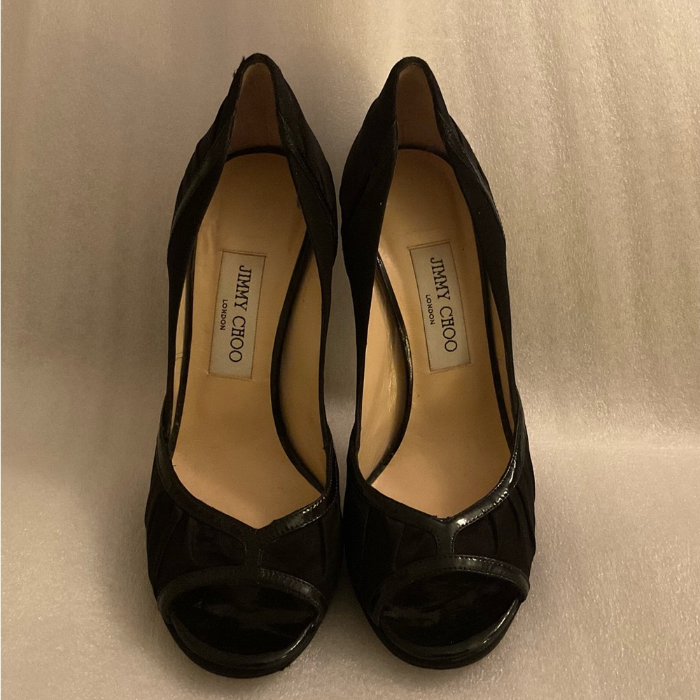 Jimmy Choo Black Satin Peep Toe Platform Heels 6” Stiletto Patent Trim Italy 38